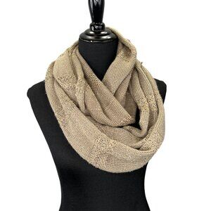 Infinity Knit Scarf Khaki Tan Metallic Threads Long Layering Chunky Winter